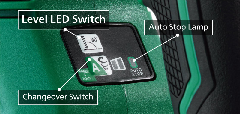 Photo of control panel, showing Level LED Switch, Changeover Switch, and Auto Stop Lamp.